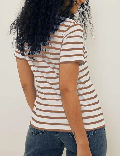 Vista 3 de PEHMEA Camiseta de manga corta con estampado de rayas para mujer, cuello redondo, camisetas básicas de verano para mujer