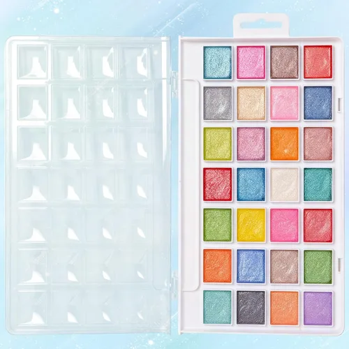 Vista 2 de Pintura de acuarela, 28 colores metálicos, lavable, juego de pintura de acuarela con un pincel, un bolígrafo y paleta de pincel de agua recargable