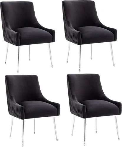 Vista 17 de Sillas de comedor de estilo moderno de terciopelo tapizado, silla de acento de tocador con barra vertical, silla capitonada con patas plateadas