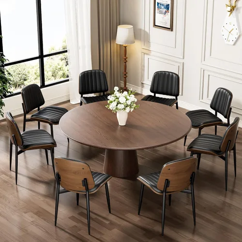 Vista 52 de Juego de 2 sillas de comedor, modernas sillas tapizadas de piel sintética de mediados de siglo con respaldo de nogal y patas de metal, pies