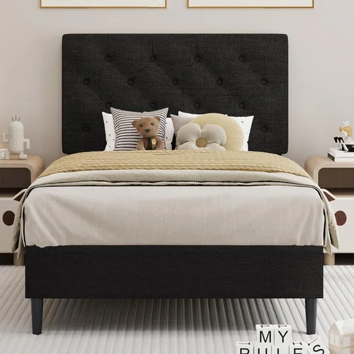 Vista 22 de BarnFurin Marco de cama tamaño completo con cabecero, cama de plataforma tapizada con cabecera acolchada con botones ajustables, marco de cama