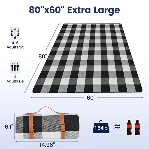 Vista 2 de sapsisel Manta de picnic extragrande de 80 x 60 pulgadas, manta de picnic impermeable para la playa (cuadros negros y blancos)