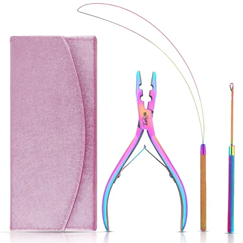 Vista 10 de Beauty & Crafts Herramientas de extensión de cabello, juego de alicates de acero inoxidable para microcuentas, 1 aguja de ganchillo, 1 gancho