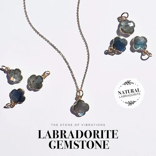Vista 48 de Genuine Gemstone Necklace, Carved Four Leaf Clover Shape, Amethyst, Moonstone, Amazonite, Tourmaline, Labradorite, 925 Sterling Silver Jewelry