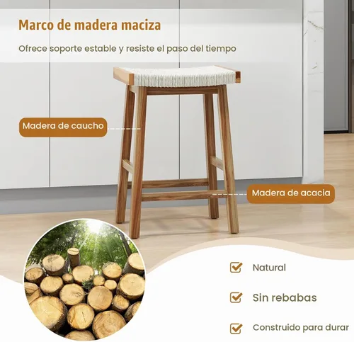 Vista 6 de COSTWAY Juego de 2 taburetes de comedor de 25.5 pulgadas de altura de mostrador con asiento tejido de algas marinas, madera de goma, marco de madera