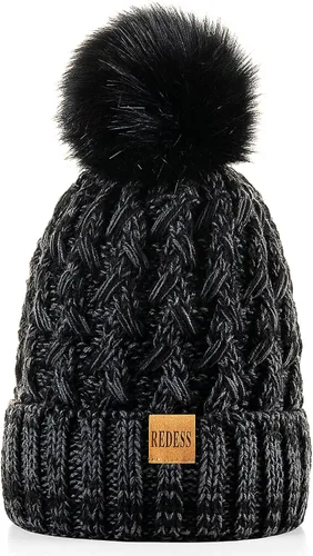 Vista 2 de REDESS Gorro de invierno con pompón para mujer, con forro polar, gorro grueso y holgado de punto cruzado para mujer