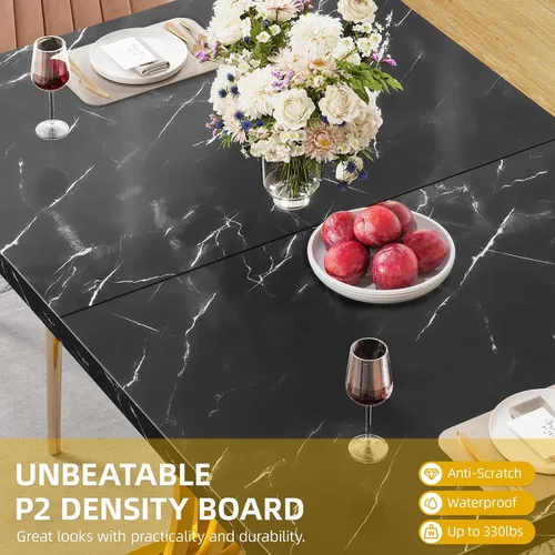 Vista 3 de Mesa de comedor moderna DWVO para 4 personas, mesa rectangular de 47 pulgadas para cocina con superficie de mármol sintético y patas geométricas