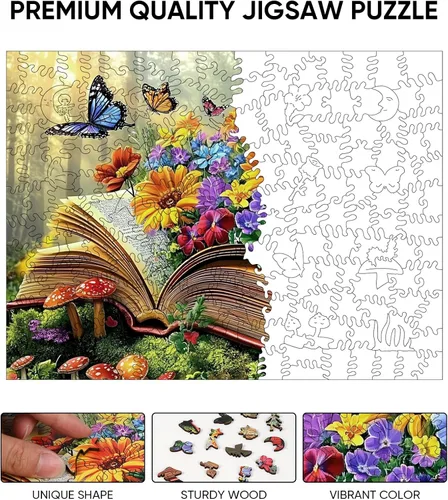 Vista 3 de Ixfyloop Rompecabezas de Madera con Libro de Mariposas para Adultos, Rompecabezas Mágicos de Flores Silvestres Coloridas, Juguetes de Madera