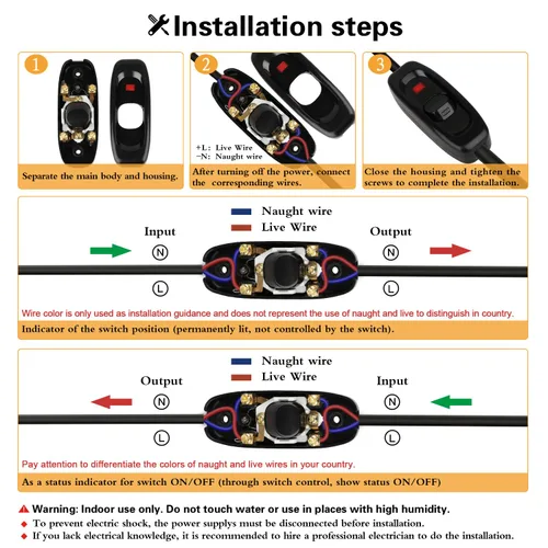 Vista 4 de Helunsi 2 Piezas Interruptor en Línea, Interruptor Negro de Cable para Electrodomésticos, Botón ON OFF para Lámpara, Clasificado 10A 250V, Control
