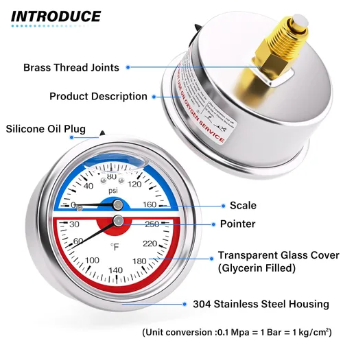 Vista 3 de MEANLIN MEASURE Manómetro térmico de acero inoxidable de 0-160 psi, 30-250 ℉, llenado de líquido, esfera de cara NPT de 2.5 pulgadas, con cinta
