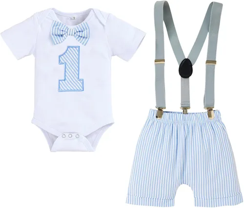 Vista 13 de GRNSHTS Ropa Divertida de Primer Cumpleaños para Bebé Niño Mameluco con Pajarita Body Conjuntos para Sesión de Fotos con Pastel marrón (Cow Brown)