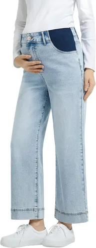Vista 12 de BLENCOT - Pantalones de maternidad para mujer de cintura alta, pierna ancha y elástica de mezclilla, ropa de embarazo
