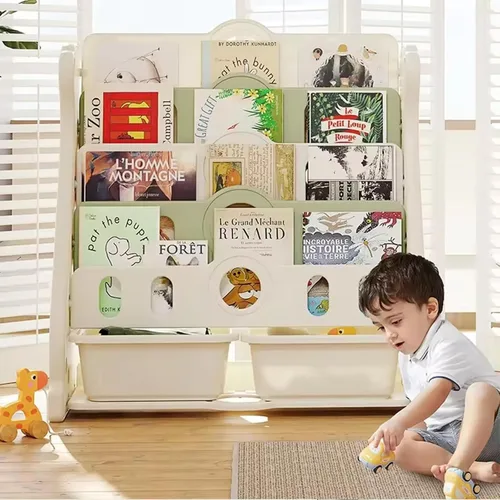 Vista 8 de Estantería infantil y almacenamiento de juguetes para niños pequeños, estantería blanca de 4 niveles para dormitorio/guardería/aula, estantería