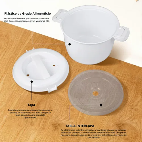 Vista 5 de Olla arrocera para microondas, olla para pasta para microondas, vaporizador de arroz de 1.9 cuartos de galón con tapa de bloqueo, ollas de pollo