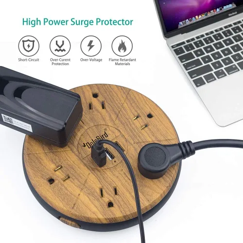 Vista 4 de Regleta protectora contra sobretensiones, 6 salidas de CA con 3 puertos USB, estación de carga, cable de extensión largo, enchufe plano de ángulo