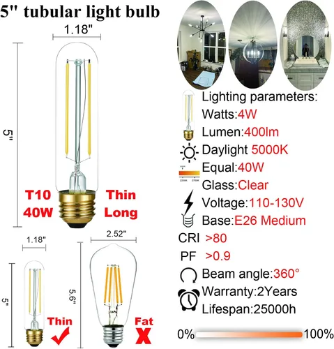 Vista 3 de Paquete de bombilla LED regulable T10 luz diurna 5000K bombilla tubular y bombilla G16.5 Blanco neutro 4000K E26 Bombilla 4 W = 40 W AC120V 400lm