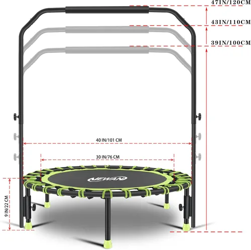 Vista 5 de Newan Mini trampolín silencioso de 40" con barra de mango ajustable, trampolín de fitness, reboteador bungee, entrenador de salto cardiovascular