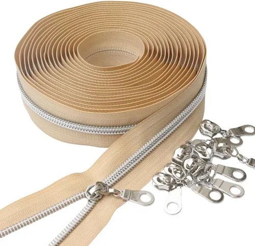 Vista 30 de YaHoGa #5 Cremalleras metálicas de nailon color latón antiguo de The Yard Bulk Cinta beige de 10 yardas con 25 unidades de tiradores para costura