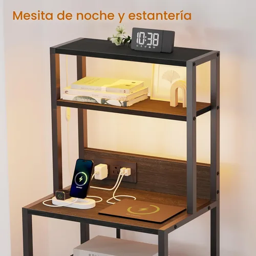 Vista 5 de Furnulem Mesita de Noche, Mesita Alta con 4 Estantes, 2 Cajones de Tela y Tubo de Luz, Mesas Auxiliares con Estación de Carga, Mesa de Noche