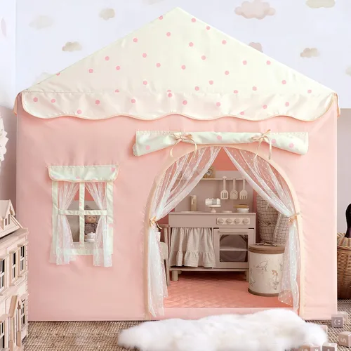 Vista 9 de Tienda de campaña para niños con doble puerta castillo de juegos para niños - Beige Kids Tent with Mat, Two Doors Fantasy Adventure Play House for