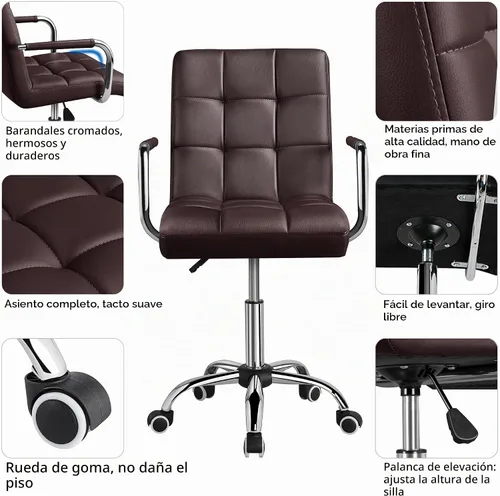 Vista 4 de Yaheetech Silla de Escritorio de Tareas de Cuero PU con Respaldo Medio, Silla Giratoria Moderna y Ajustable para Oficina en Casa con Ruedas Suaves