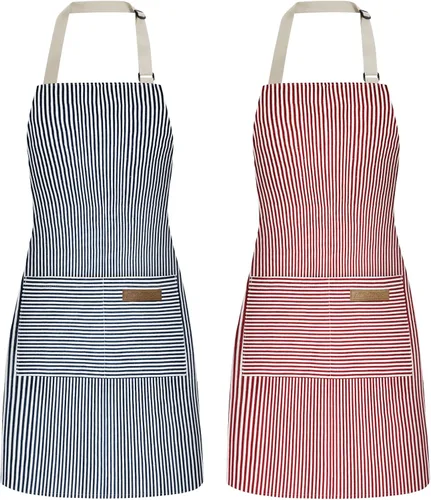 Vista 13 de ATROPOS Paquete de 2 delantales para mujeres con bolsillos, delantales de cocina para mujeres y hombres, delantales de chef ajustables para cocina