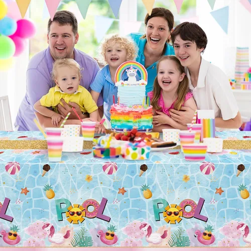 Vista 7 de Mantel de mesa para decoración de fiesta, 3 paquetes de mantel de plástico rectangular desechable para piscina de verano, baby shower, cumpleaños
