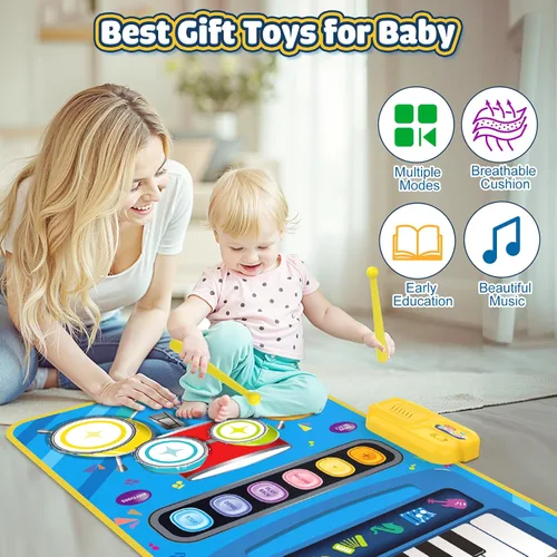 Vista 6 de Juguetes para bebés para niños de 1 año, niño niña, 2 en 1 alfombra musical de piano y tambor para niños pequeños de 1 a 3, alfombra de aprendizaje