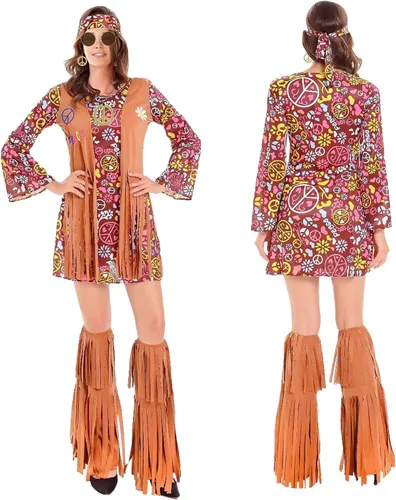 Vista 2 de Ainiel Trajes de discoteca de los años 60 y 70 para mujer, disfraz hippie, chaleco con flecos, ropa para mujer, gafas hippy, accesorios
