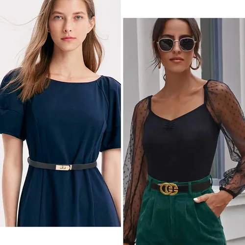 Vista 43 de Cinturón de cuero clásico con hebilla de metal para mujer con vestido de jeans