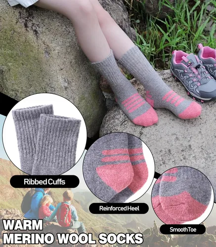 Vista 2 de LINEMIN Calcetines de senderismo de lana merino para niños y niñas, cálidos, gruesos, térmicos, acolchados, para invierno, 6 pares