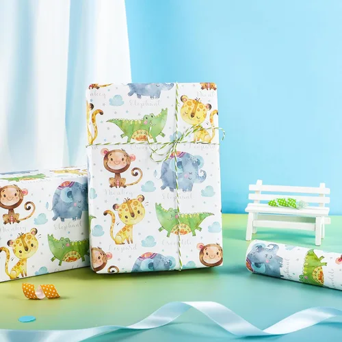 Vista 6 de WRAPAHOLIC Rollo de papel de regalo Kraft Animal - Mini Rollo - 17 pulgadas x 16.5 pies - Diseño de mono, elefante y dinosaurio lindos, perfecto