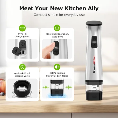 Vista 5 de Bonsenkitchen Sellador al vacío de mano para viajes, 30 bolsas Plateado