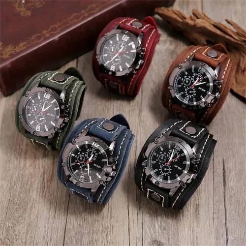 Vista 3 de Reloj de cuarzo de lujo para hombre, correa de cuero de vaca pura y ancha, estilo punk, color marrón