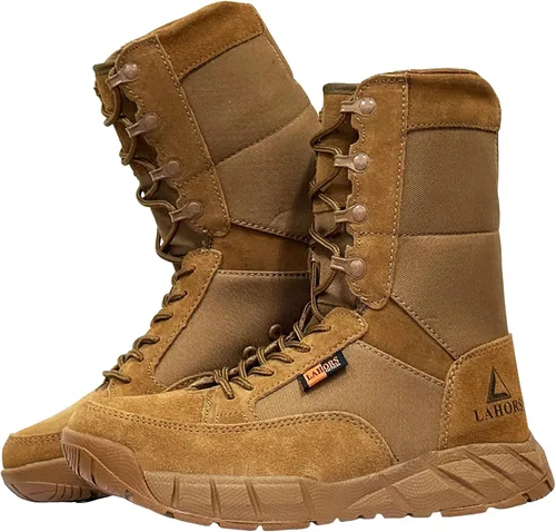 Vista 9 de Zapatos tácticos ligeros para hombre, botas de combate, botas marrones coyote, entrenamiento militar, con cordones, senderismo al aire libre