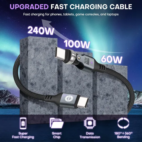 Vista 5 de Cable USB C a C de 3.3 ft, negro, rotación 540, 240 W, PD, carga rápida, transferencia de datos de 480 Mbps, cable de carga tipo C con chip