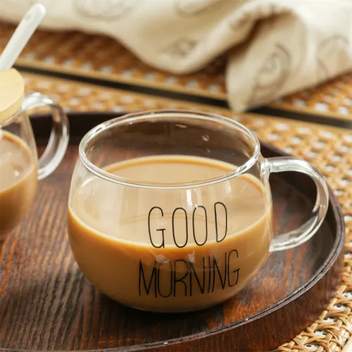 Vista 3 de TREEWOO Good MORNING - Taza transparente para café, postre, leche, té, yogur, juego de 2, vasos redondos de vidrio con asa con tapa de bambú