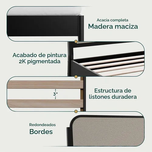 Vista 4 de Bme Aurelia - Marco de cama con cabecero tamaño Queen, madera de acacia sólida, estilo bohemio y moderno de mediados de siglo, cabecero de ratán
