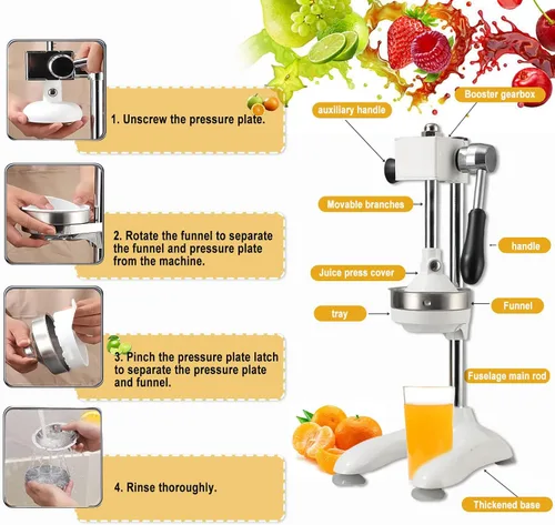 Vista 8 de Exprimidor manual de hierro fundido, exprimidor manual de acero inoxidable, máquina trituradora de cítricos de lima para jugo de naranja de limonada