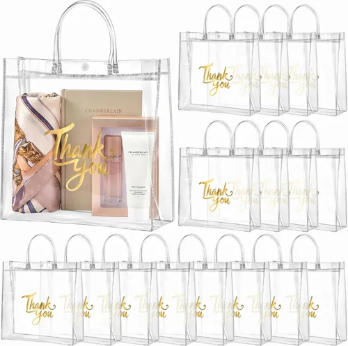 Vista 10 de Leinuosen - 50 bolsas de regalo transparentes con asas de 5.9 x 5.1 x 2.76 pulgadas, bolsas de agradecimiento de PVC transparente, suministros