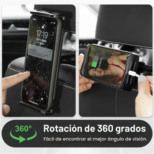 Vista 3 de Soporte para reposacabezas de automóvil, soporte giratorio ajustable de 360 grados, color negro