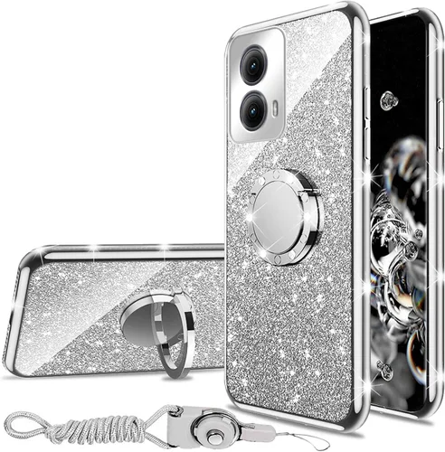 Vista 10 de nancheng Funda para Motorola Moto G Play 2024 (6.5 pulgadas) para niñas y mujeres, bonita funda de teléfono de TPU suave con purpurina y anillo