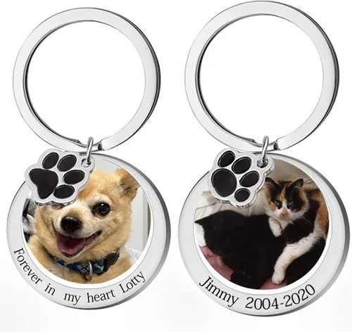 Vista 5 de Eletizy Llavero personalizado con foto de mascotas, llavero grabado con etiqueta de perro con estampado de huellas de huellas de animales, amante