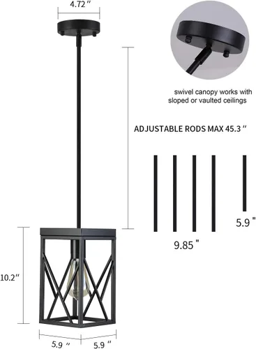 Vista 4 de Lámpara colgante moderna negra con jaula de metal, varillas ajustables de una sola luz, mini lámpara colgante industrial para cocina, isla, Negro