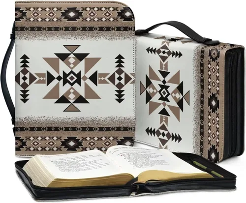 Vista 5 de Talayituse Funda de piel sintética con estampado tribal azteca americano para la Biblia para hombres y mujeres, funda de Biblia cristiana con asa