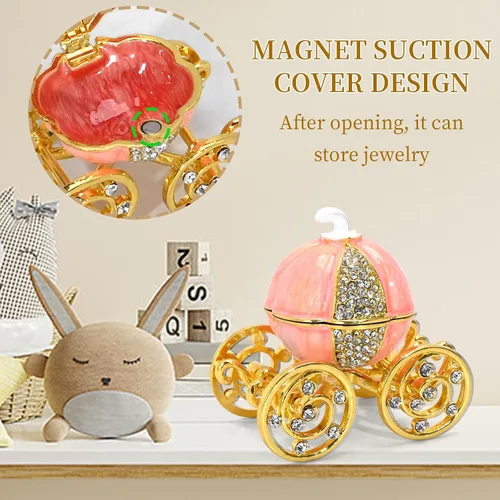 Vista 6 de Caja de joyería de carro de calabaza de diamante de plata, carro de calabaza de Cenicienta decorativo con bisagras caja de baratija de joyería
