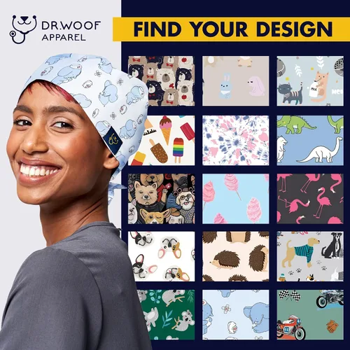 Vista 7 de Dr. Woof Apparel - Gorras quirúrgicas para mujeres y hombres, sombreros lavables, enfermeras, otros trabajadores de la salud, coloridos con botones