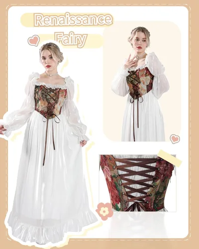 Vista 4 de NSPSTT Vestido renacentista blanco para mujer, disfraz medieval victoriano