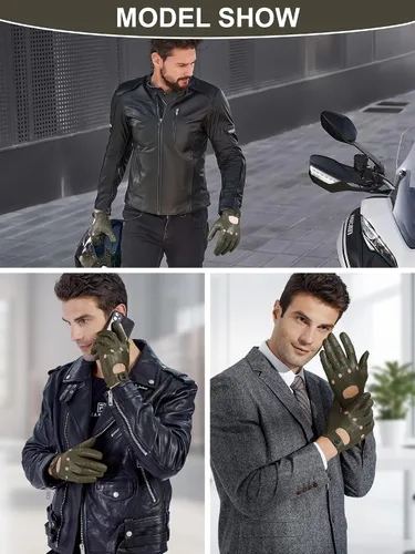 Vista 2 de GSG Guantes de cuero genuino para hombre de piel de oveja negros para conducir en bicicleta con pantalla táctil, guantes de motocicleta sin forro