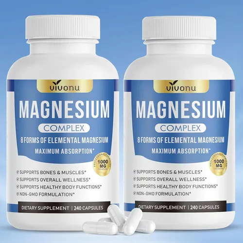 Vista 10 de Cápsulas complejas de magnesio de 1000 mg, glicinato de magnesio 8 en 1, citrato, malato, taurato, óxido, carbonato, aspartato, orrotato - 240